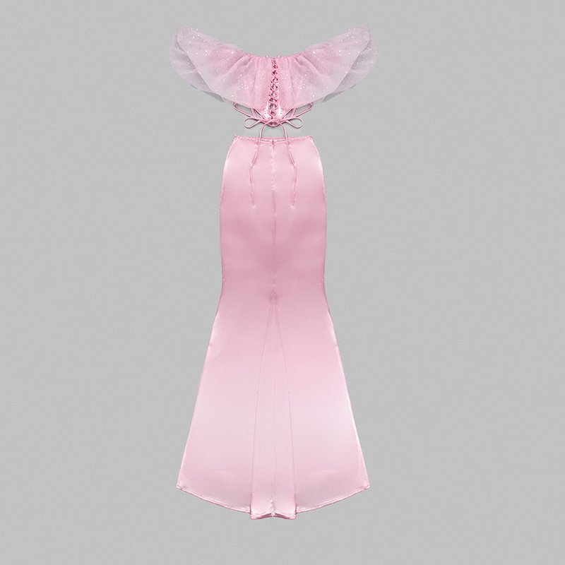 Off-Shoulder Ruffle Pink Mermaid Gown H5714