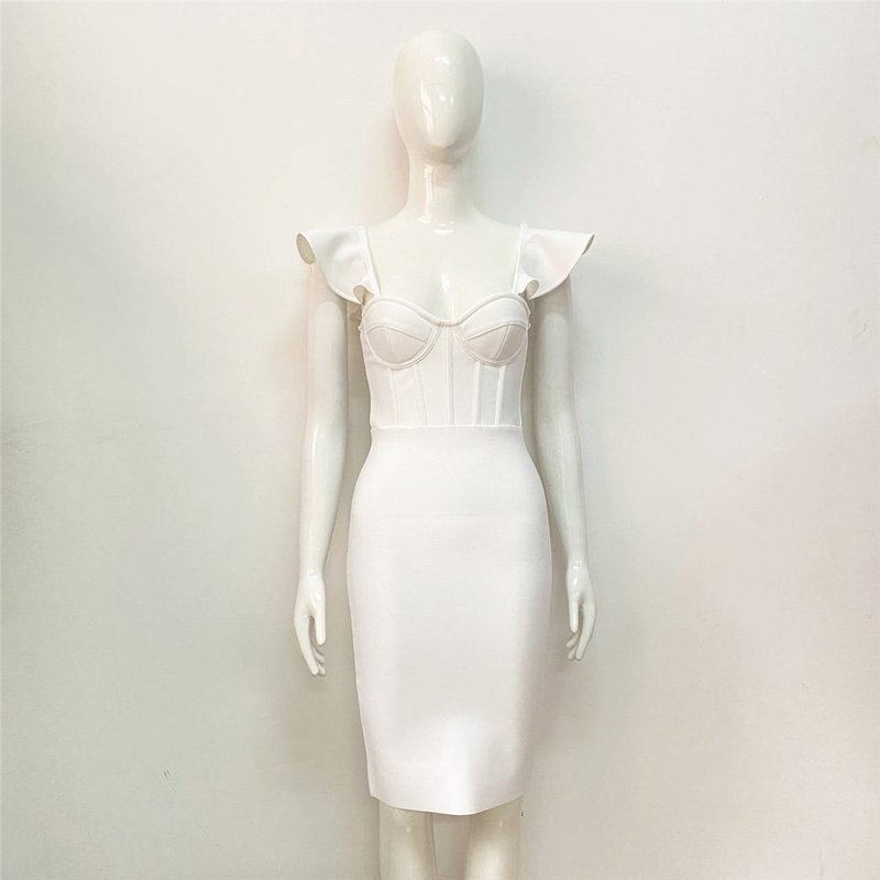 Off Shoulder Ruffle White Bandage Dress H5918