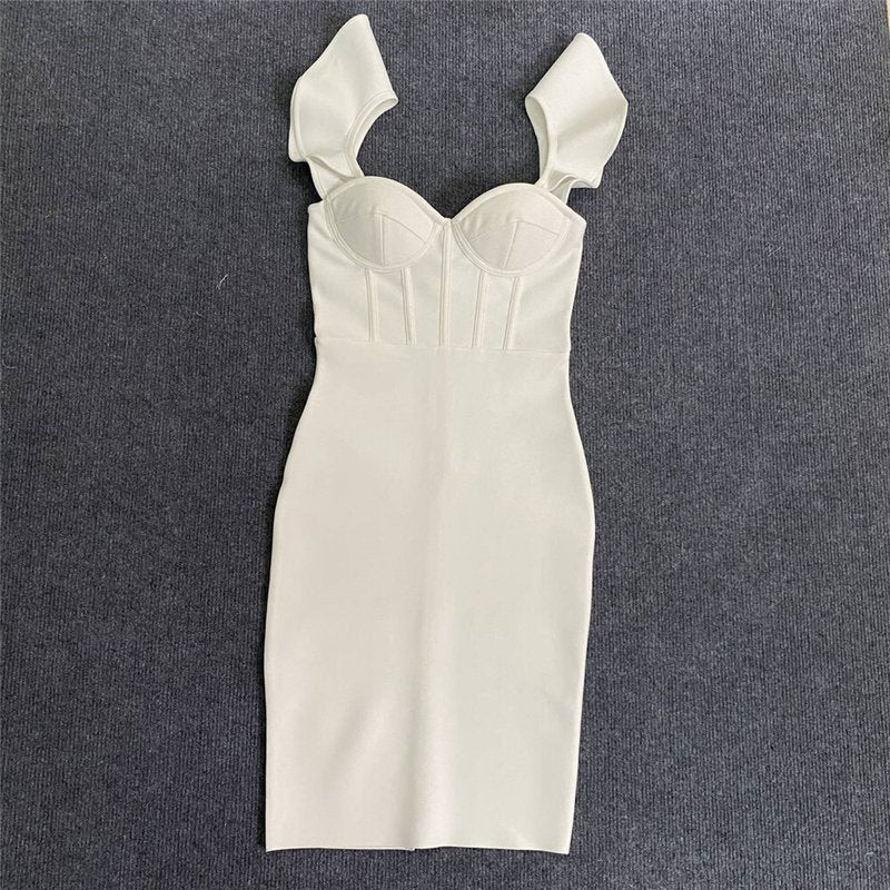 Off Shoulder Ruffle White Bandage Dress H5918