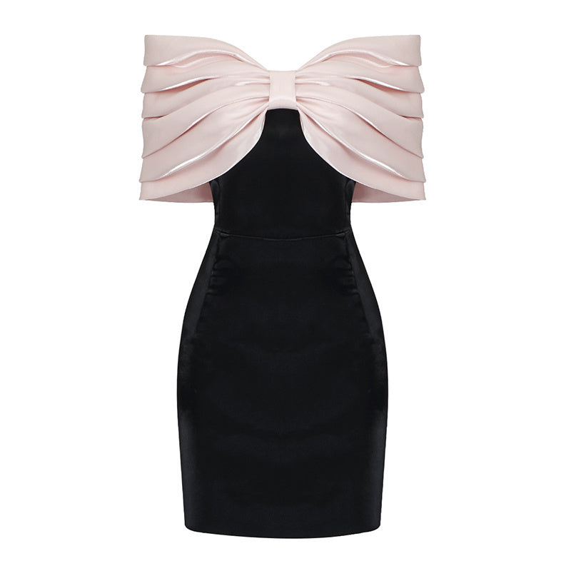 Off-Shoulder Satin Bow Mini Dress H4570