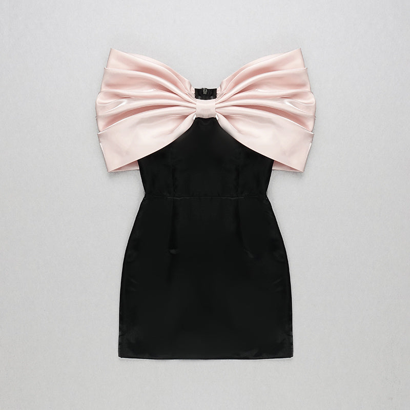 Off-Shoulder Satin Bow Mini Dress H4570