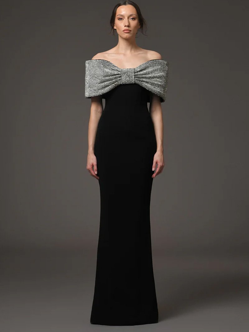 Off-Shoulder Sequin Bow Gown H6686