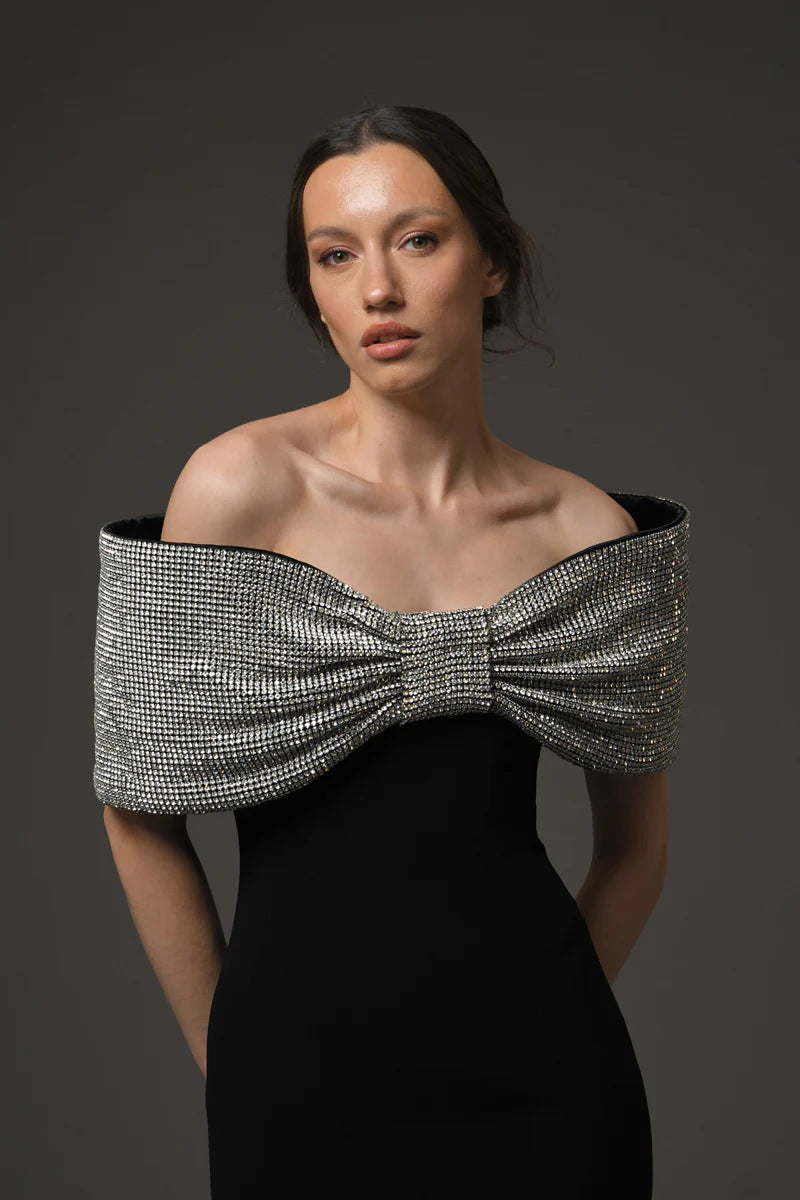 Off-Shoulder Sequin Bow Gown H6686