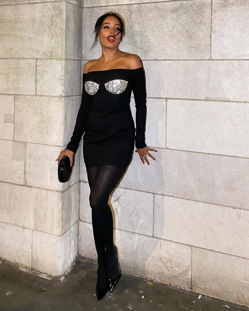 Off Shoulder Sequin Bust Mini Dress H6169