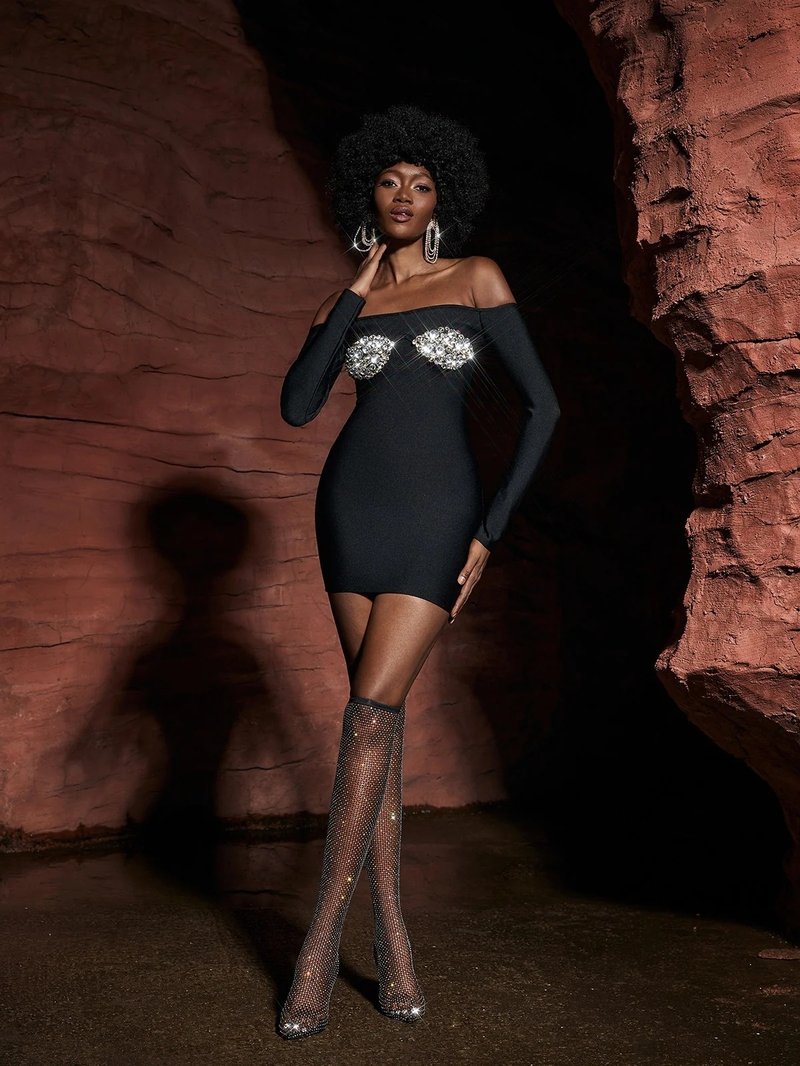 Off Shoulder Sequin Bust Mini Dress H6169