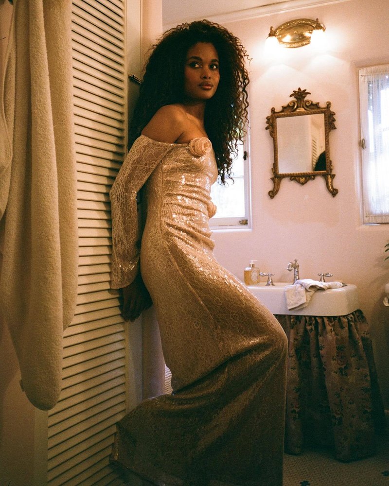 Off-Shoulder Sequin Gown with Rose Detail H6570