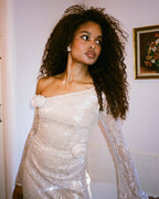Off-Shoulder Sequin Gown with Rose Detail H6570