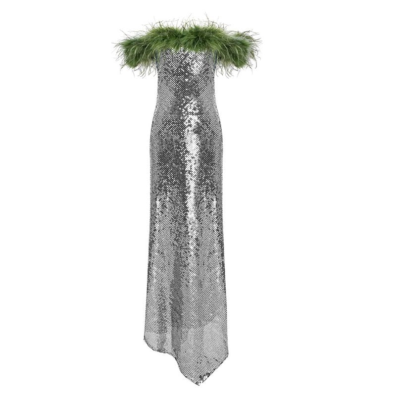 Off-Shoulder Sequin Maxi Dress H6013
