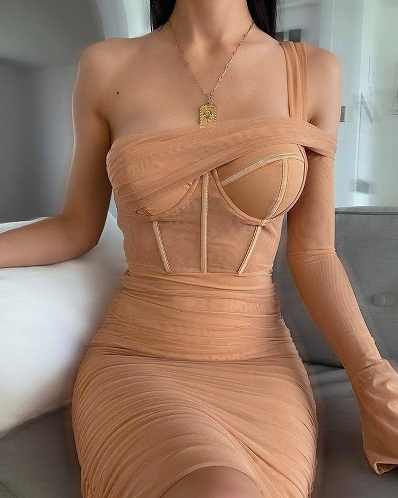 Off Shoulder Sheer Bandage Dress H5461