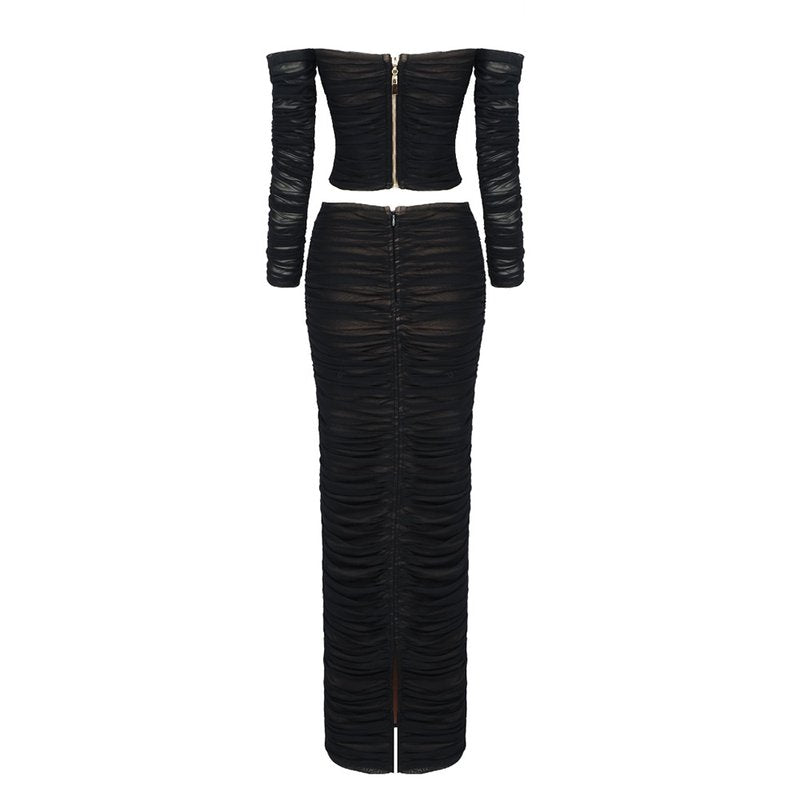 Off-Shoulder Sheer Ruched Cocktail Dress H6012