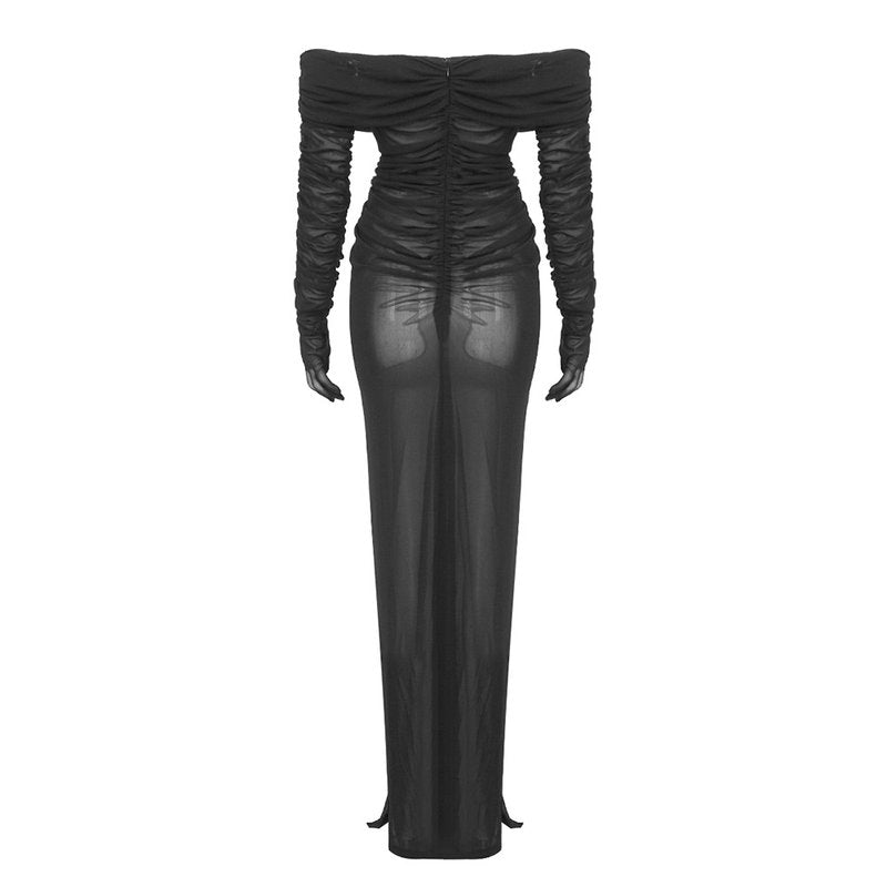 Off-Shoulder Sheer Ruched Maxi Dress H6199