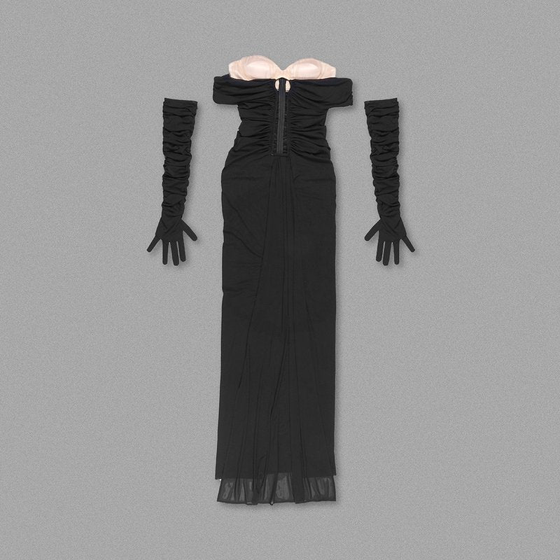 Off-Shoulder Sheer Ruched Maxi Dress H6199