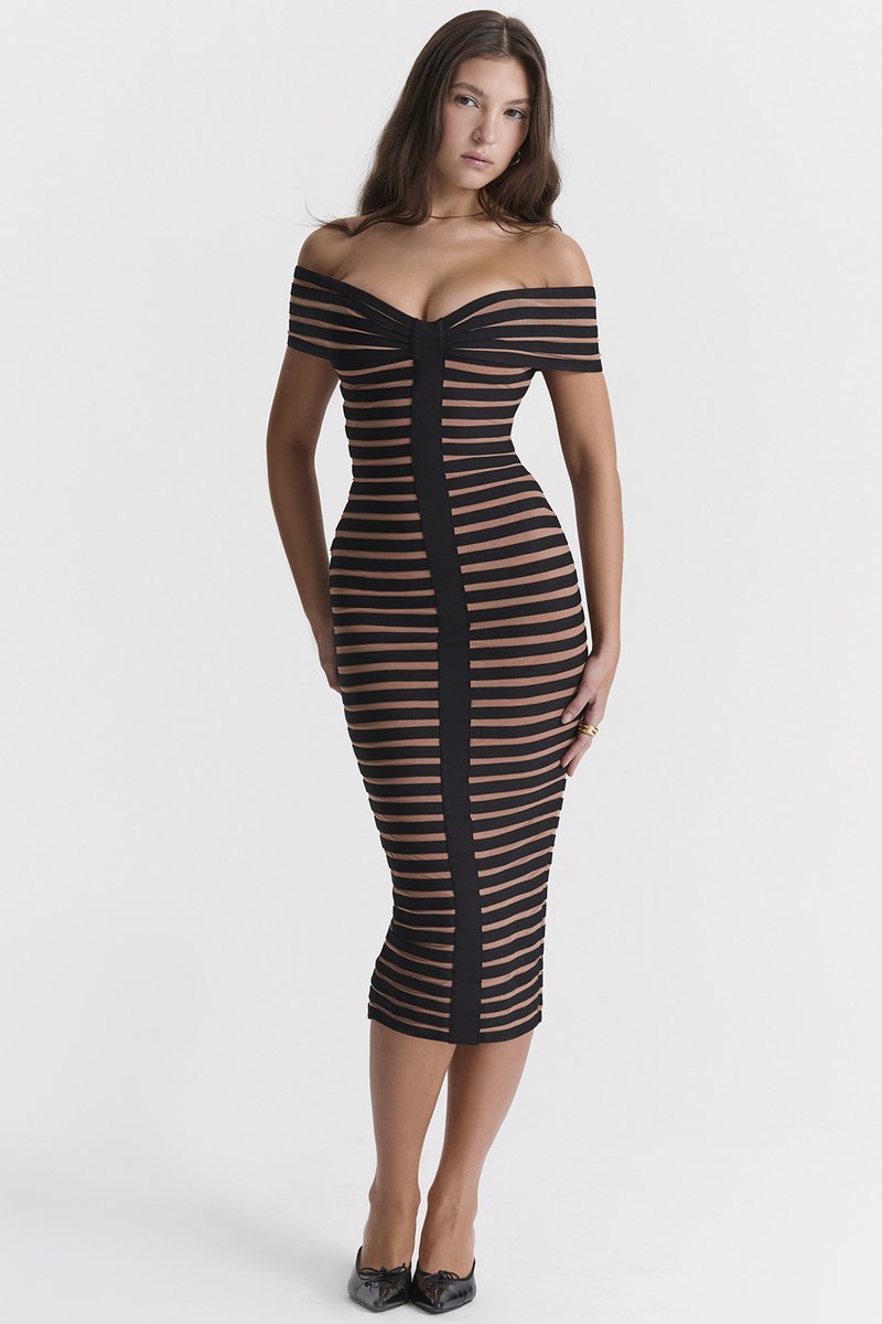 Off Shoulder Striped Bandage Dress H5915