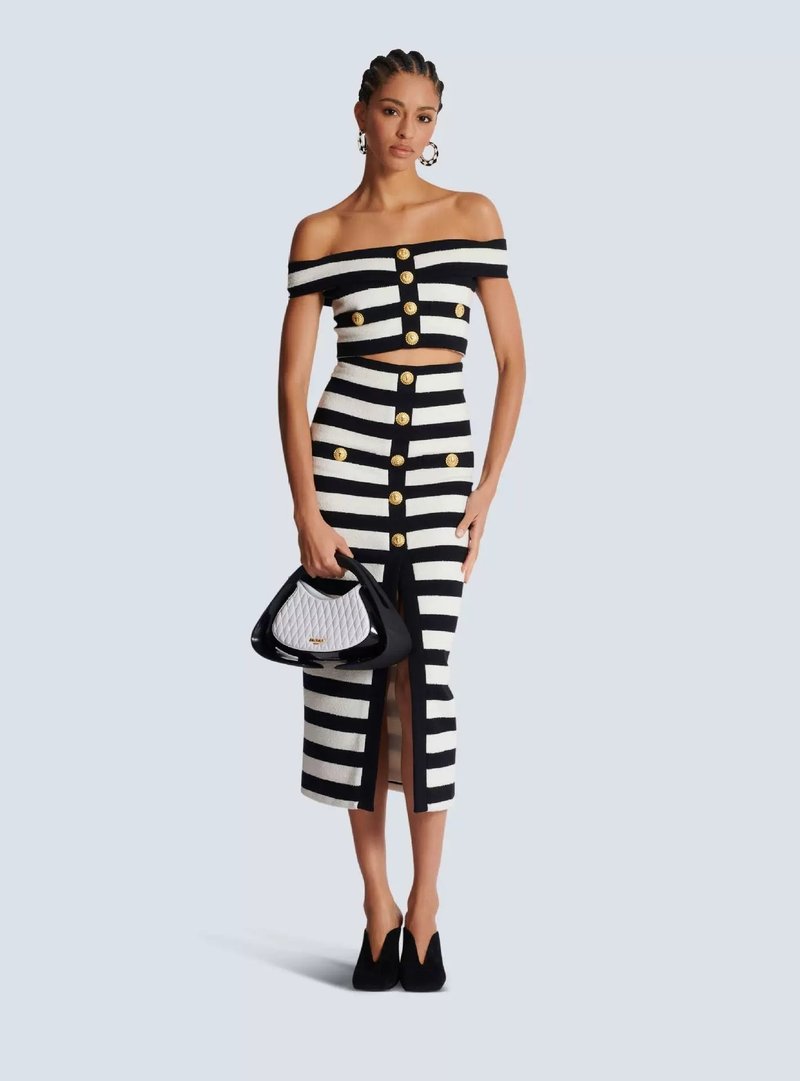 Off-Shoulder Striped Button Midi Dress H6499