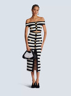 Off-Shoulder Striped Button Midi Dress H6499