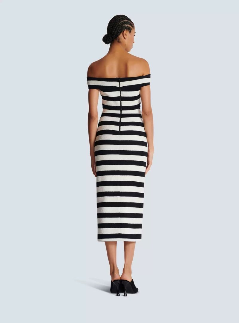 Off-Shoulder Striped Button Midi Dress H6499