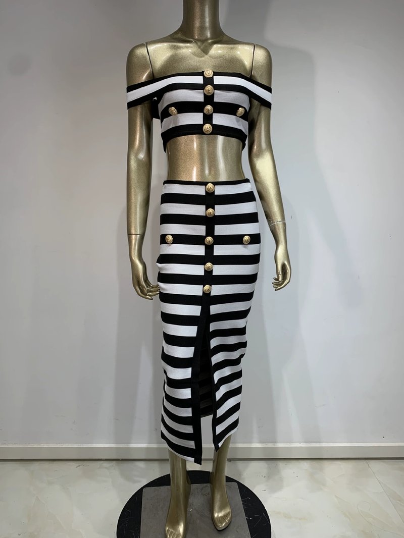 Off-Shoulder Striped Button Midi Dress H6499