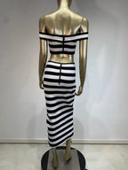 Off-Shoulder Striped Button Midi Dress H6499