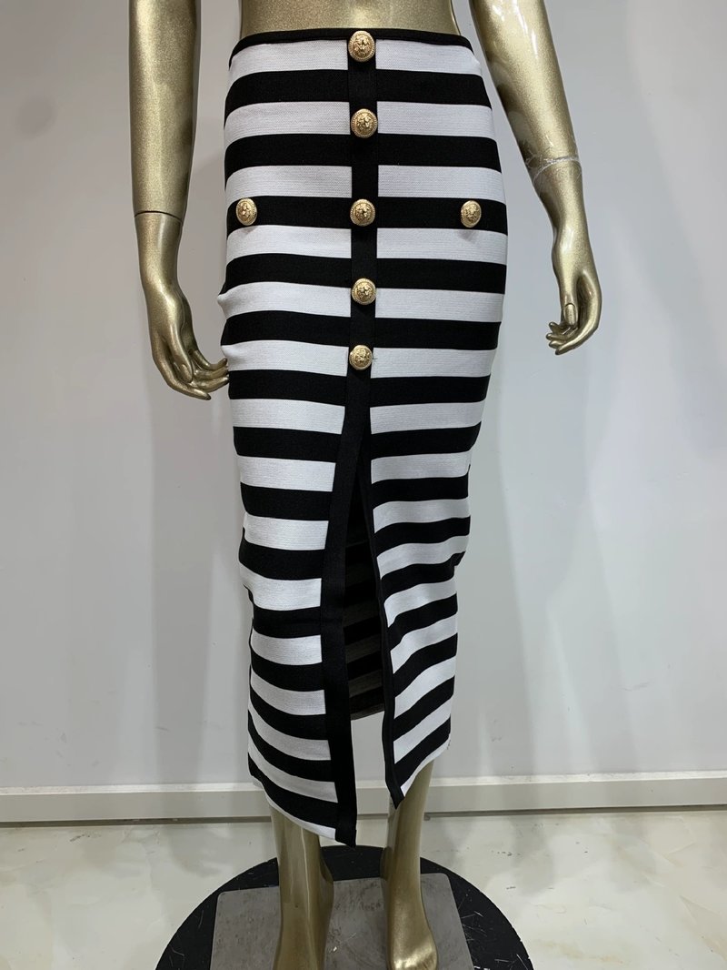 Off-Shoulder Striped Button Midi Dress H6499
