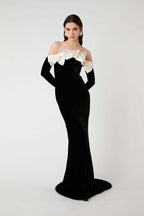 Off-Shoulder Velvet Gown with Floral Bow H6433