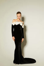 Off-Shoulder Velvet Gown with Floral Bow H6433