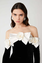 Off-Shoulder Velvet Gown with Floral Bow H6433
