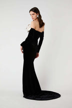 Off-Shoulder Velvet Gown with Floral Bow H6433