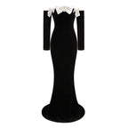 Off-Shoulder Velvet Gown with Floral Bow H6433
