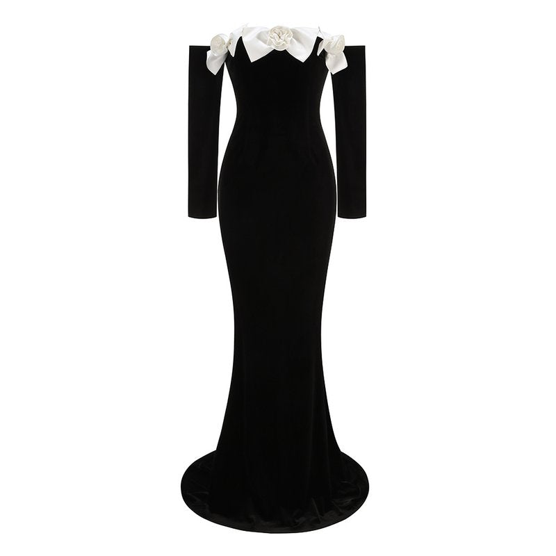 Off-Shoulder Velvet Gown with Floral Bow H6433