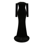 Off-Shoulder Velvet Gown with Floral Bow H6433