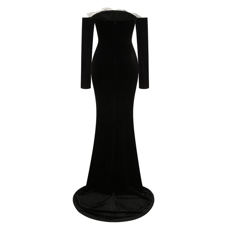 Off-Shoulder Velvet Gown with Floral Bow H6433
