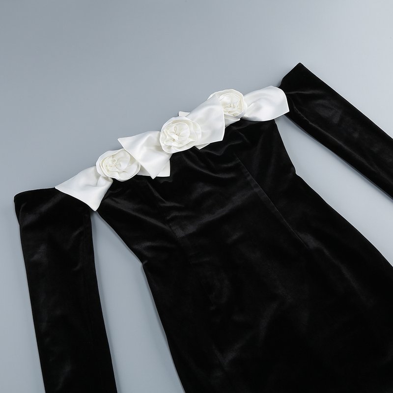 Off-Shoulder Velvet Gown with Floral Bow H6433