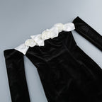 Off-Shoulder Velvet Gown with Floral Bow H6433