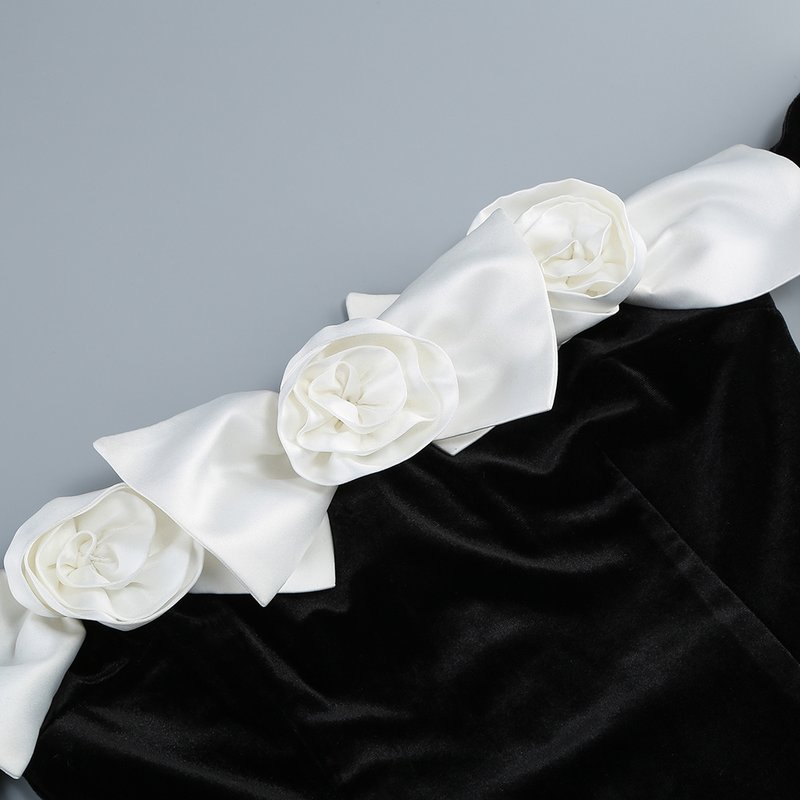 Off-Shoulder Velvet Gown with Floral Bow H6433