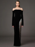 Off Shoulder Velvet Gown with Sequin Panel H6688