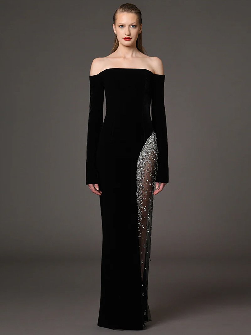 Off Shoulder Velvet Gown with Sequin Panel H6688