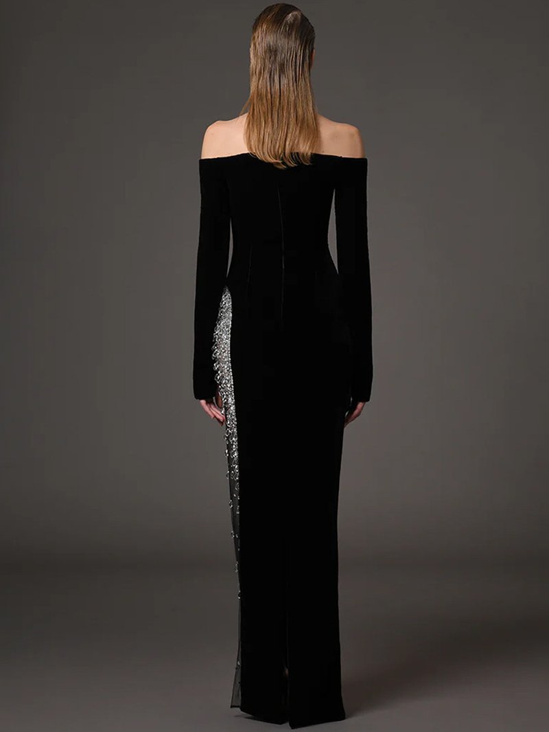Off Shoulder Velvet Gown with Sequin Panel H6688