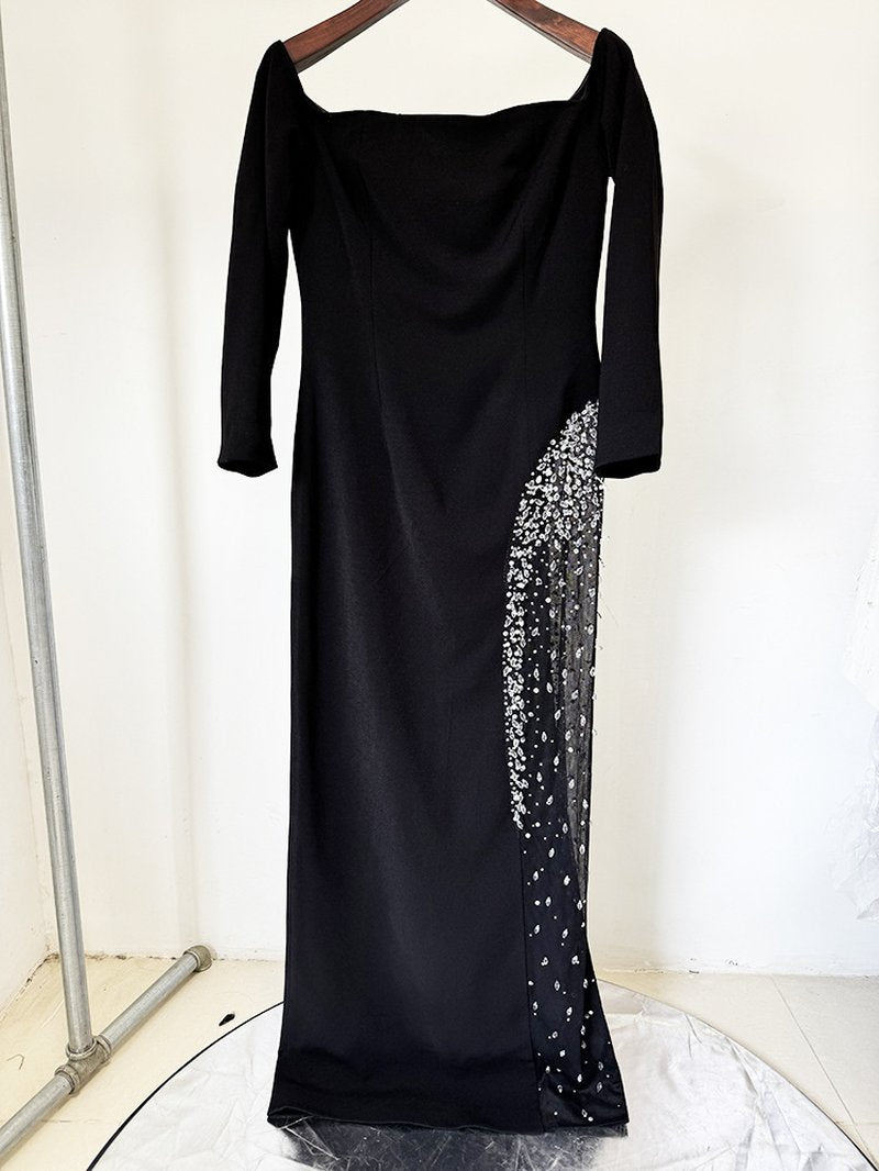 Off Shoulder Velvet Gown with Sequin Panel H6688