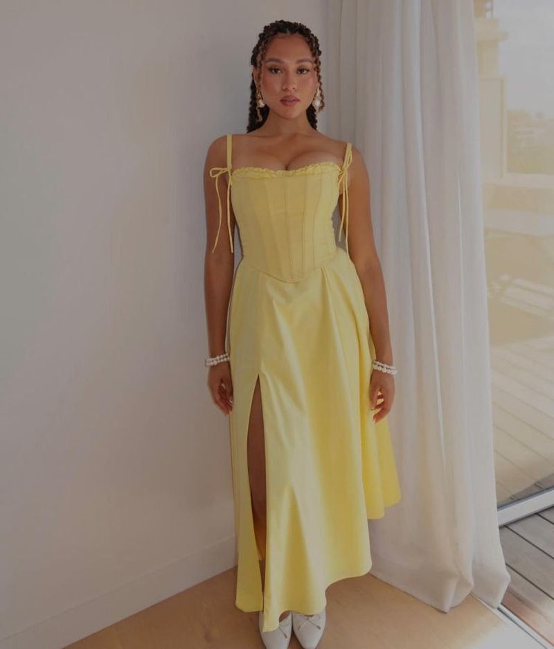 Off Shoulder Yellow Corset Midi Dress H6395