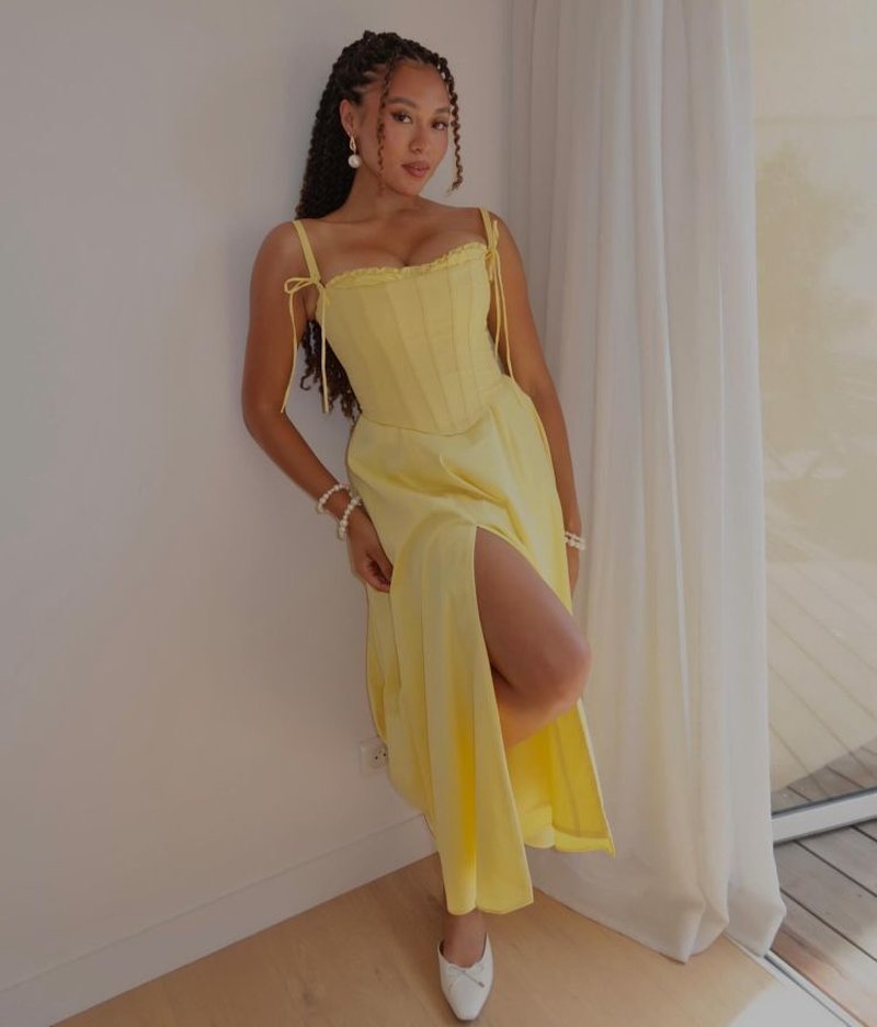 Off Shoulder Yellow Corset Midi Dress H6395