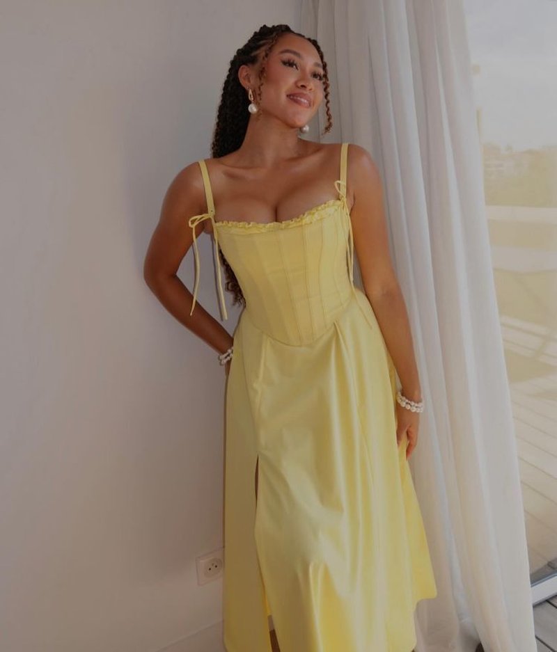 Off Shoulder Yellow Corset Midi Dress H6395