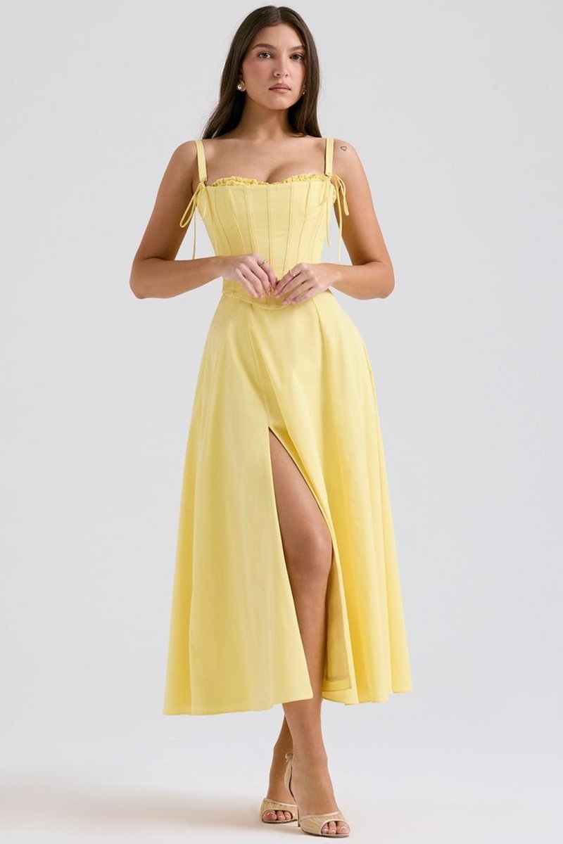 Off Shoulder Yellow Corset Midi Dress H6395