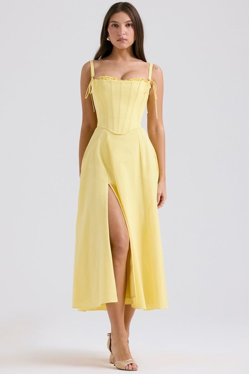 Off Shoulder Yellow Corset Midi Dress H6395
