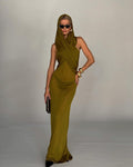 Olive Draped One-Shoulder Maxi Dress H6008
