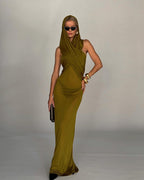 Olive Draped One-Shoulder Maxi Dress H6008