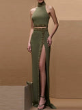Olive Green Halter Gown with Sequin Accents H6605