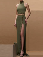 Olive Green Halter Gown with Sequin Accents H6605