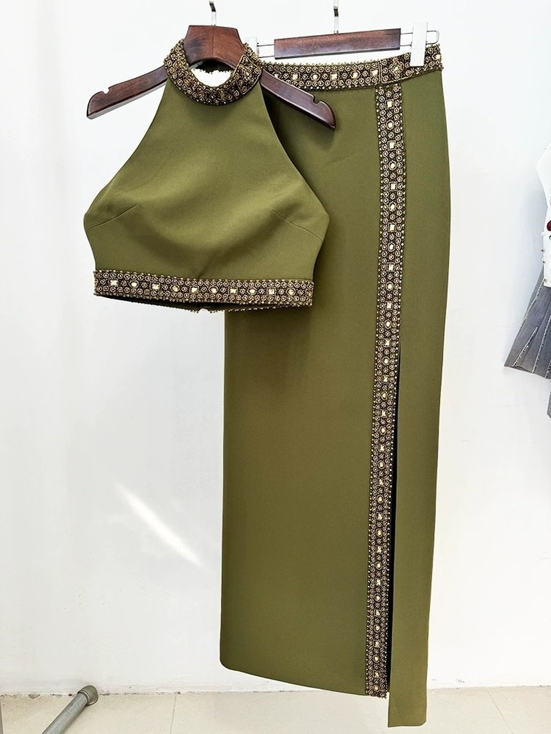 Olive Green Halter Gown with Sequin Accents H6605