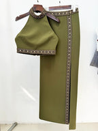 Olive Green Halter Gown with Sequin Accents H6605