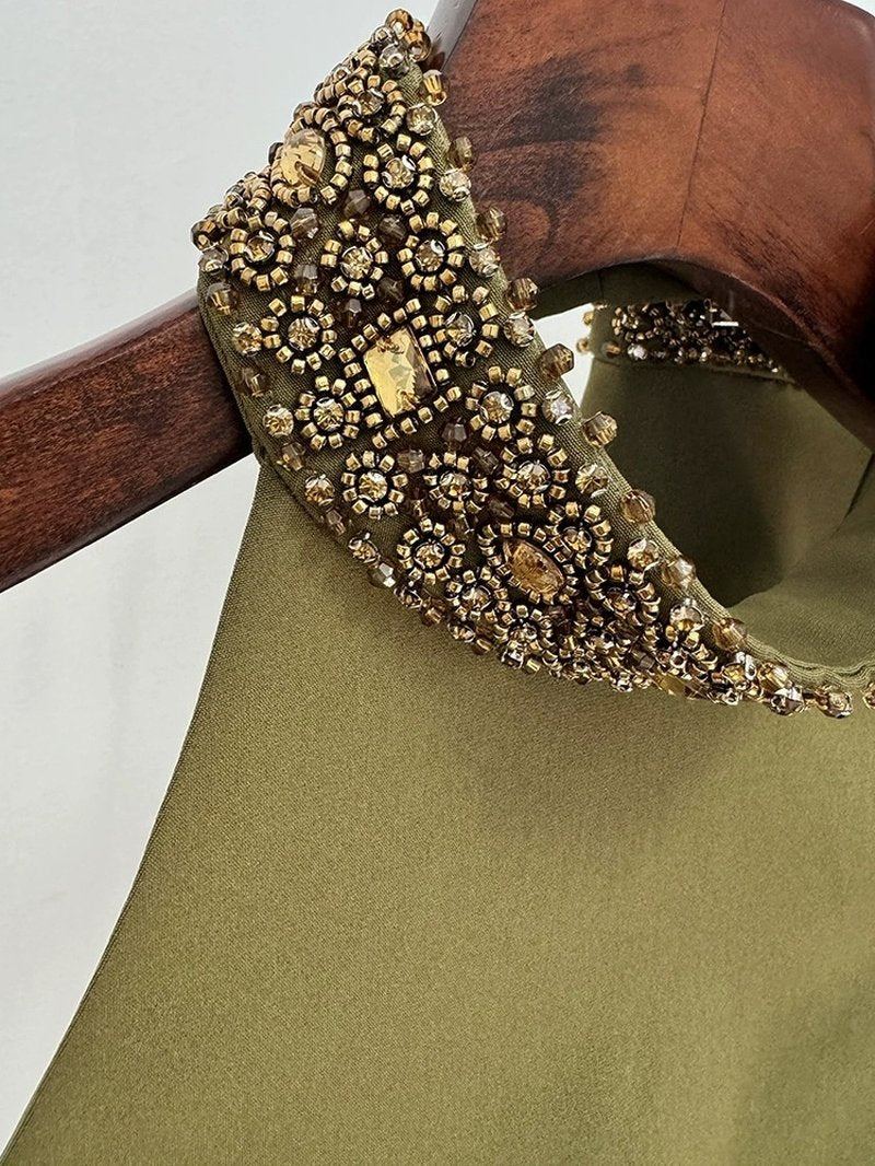 Olive Green Halter Gown with Sequin Accents H6605